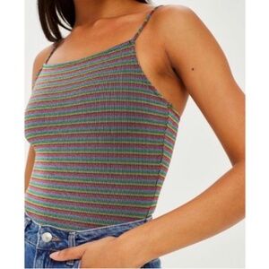 Topshop Rainbow Metallic Stripe tank top bodysuit with spaghetti straps, size 10